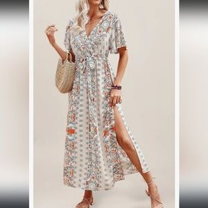 Bohemian Feminine Floral Print V Neck Silky Flowy Casual Maxi Dress w Side Slits